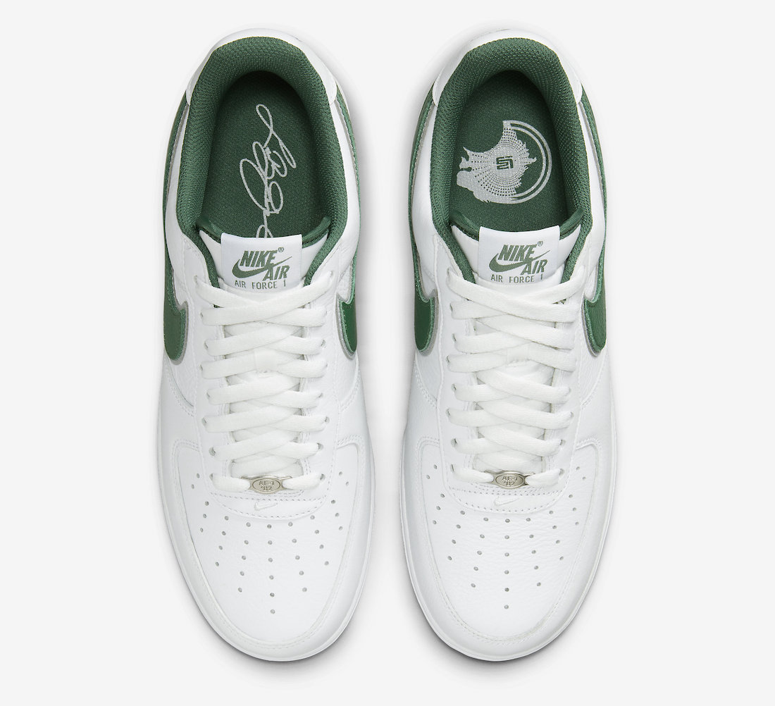 Close-up of Nike Air Force 1 'Four Horsemen' sneakers featuring a white tumbled leather upper with Deep Forest Green and Wolf Grey accents, a knight chesspiece design on the lateral heel, and the Nike Swoosh outlined in Wolf Grey.