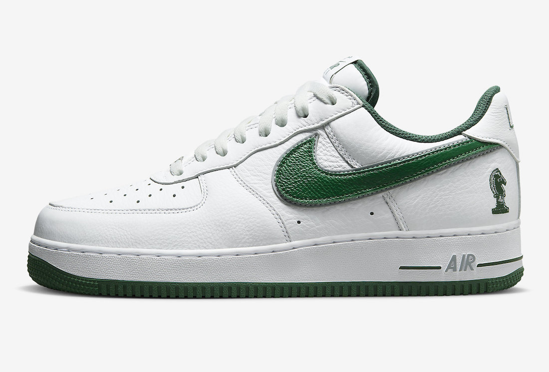 Close-up of Nike Air Force 1 'Four Horsemen' sneakers featuring a white tumbled leather upper with Deep Forest Green and Wolf Grey accents, a knight chesspiece design on the lateral heel, and the Nike Swoosh outlined in Wolf Grey.