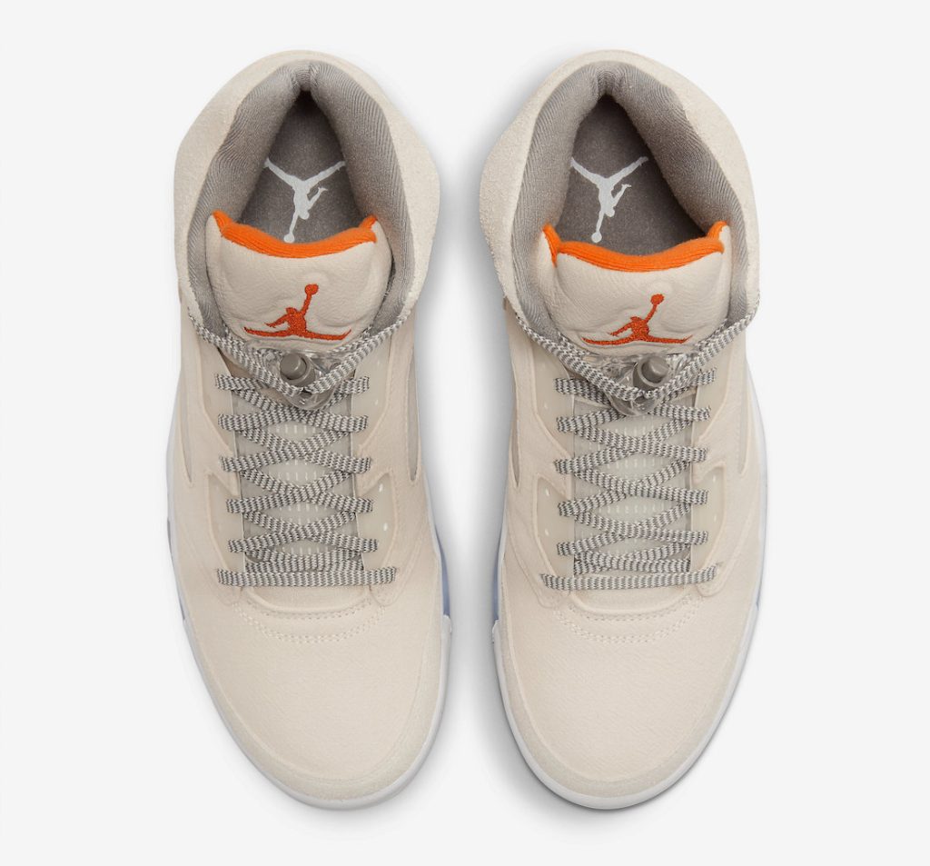 Top-down view of Air Jordan 5 SE Craft 'Light Orewood Brown' in a Light Orewood Brown, Safety Orange, Slate Pewter, and Sail colorway.