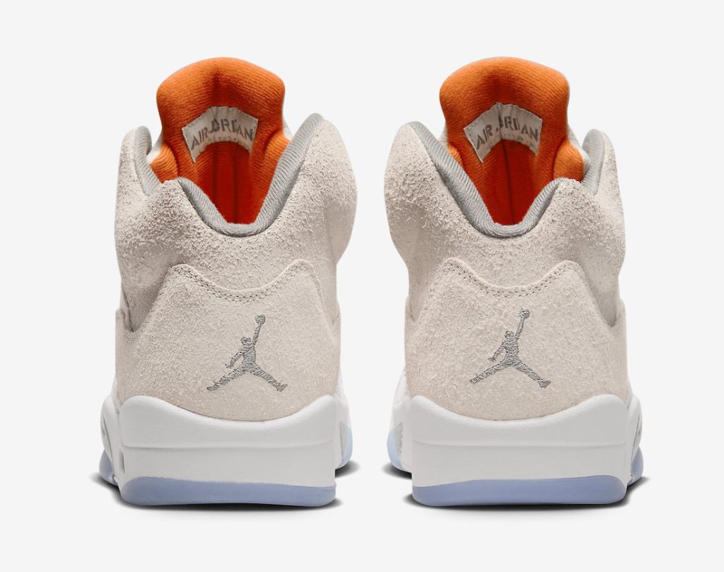 Close-up of the Air Jordan logo on the back of the Air Jordan 5 SE Craft 'Light Orewood Brown' sneakers.