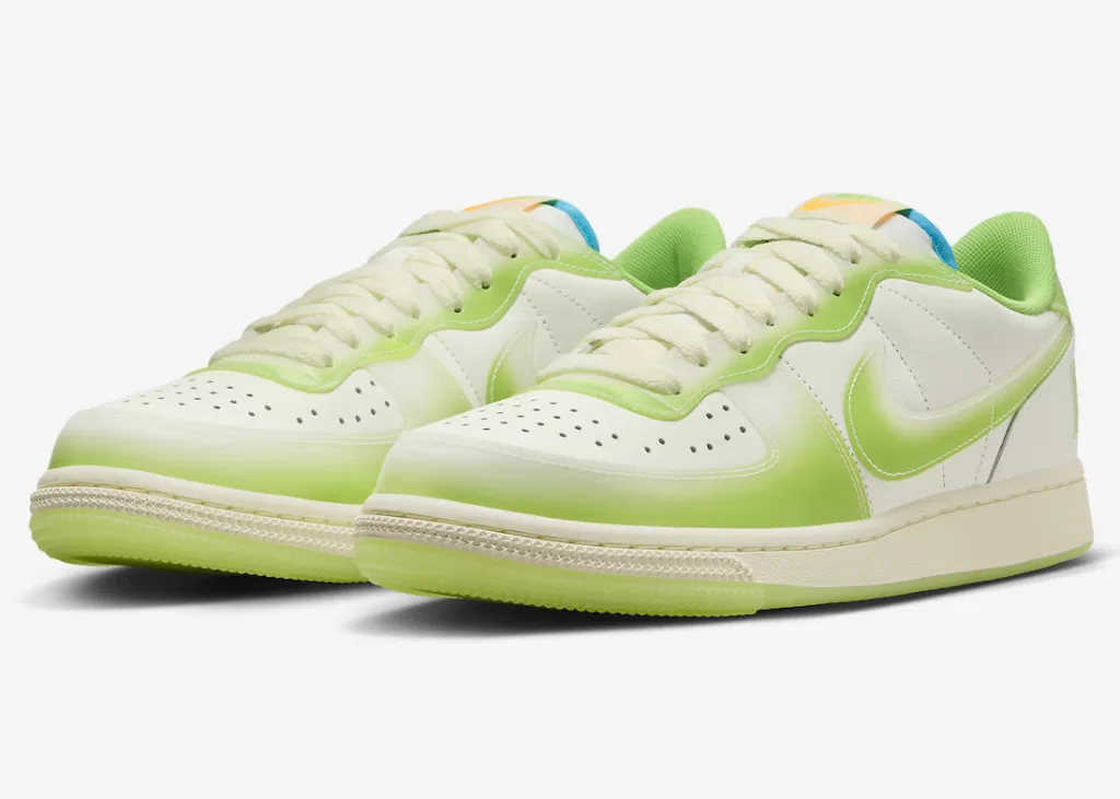 Nike Terminator Low 'Sofvi' sneaker featuring lime green airbrushed effect on mudguard and Swooshes.