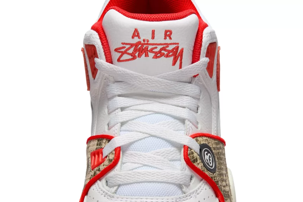 Stussy x Nike Air Flight 89 "White/Habanero Red" - A vibrant take on the classic Air Flight 89, this colorway features a crisp white leather upper with striking habanero red accents on the Swoosh, tongue, and heel tab. The snakeskin overlays on the sides add a touch of luxury, while the Air Jordan 4-inspired sole provides both cushioning and style.