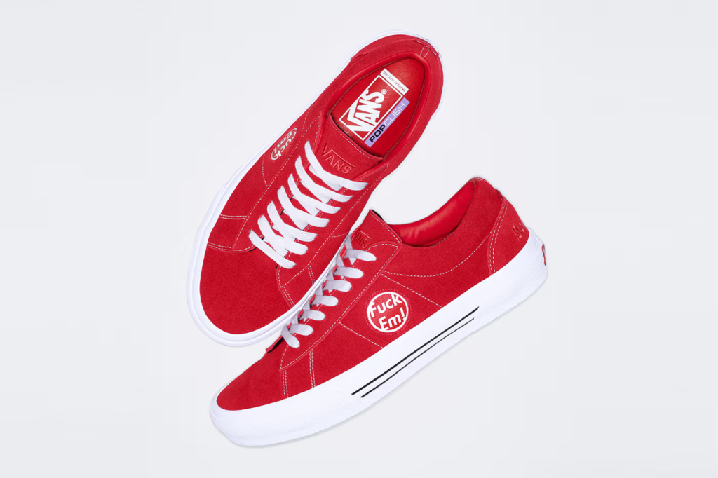 Supreme & Vans reunite for a rebellious summer collab! The Vans Sid gets a luxurious makeover in blue, red & black with a bold "Fuck Em!" statement. Premium suede, classic comfort & Supreme's signature style. Drops June 13th.