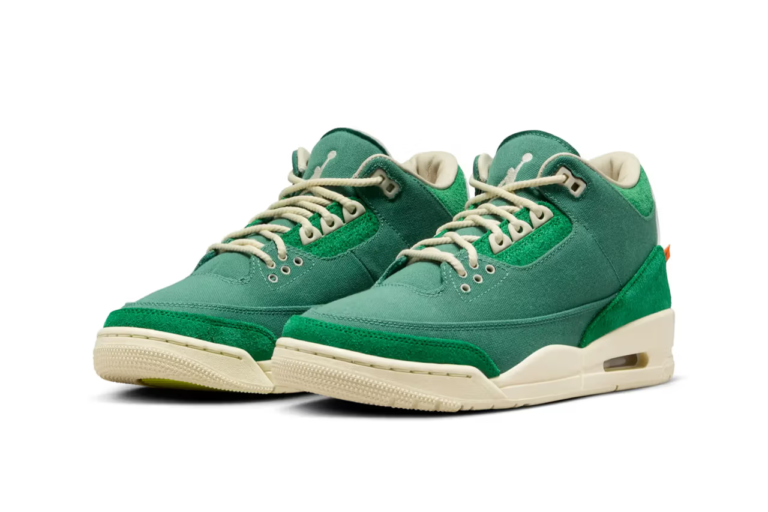 side view of Nina Chanel Abney's highly-anticipated collaboration with Jordan Brand on the Air Jordan 3. This unique design features a two-toned green upper, custom details, and a potential matching apparel collection.