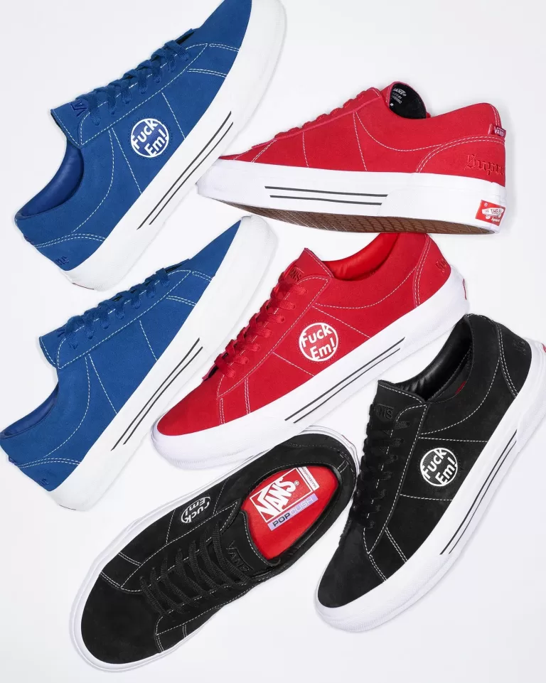 Supreme & Vans reunite for a rebellious summer collab! The Vans Sid gets a luxurious makeover in blue, red & black with a bold "Fuck Em!" statement. Premium suede, classic comfort & Supreme's signature style. Drops June 13th.